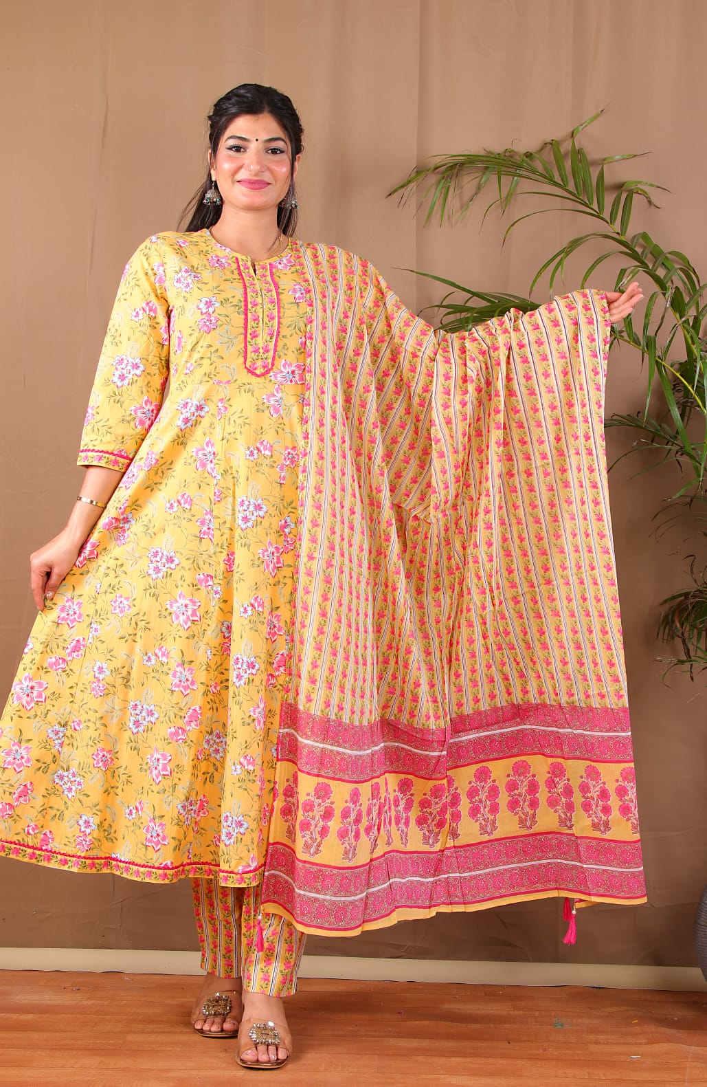 Yellow Floral Anarkali Kurta Pant with Dupatta