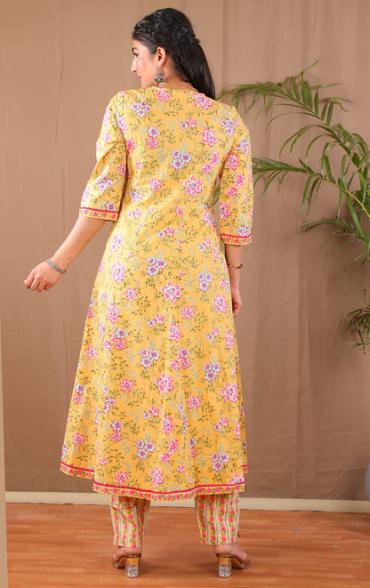 Yellow Floral Anarkali Kurta Pant with Dupatta