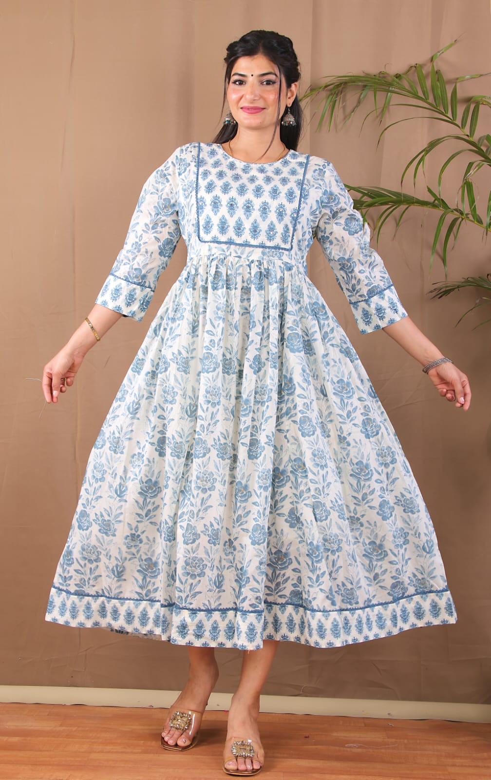 Blue Grey Floral Anarkali Kurta