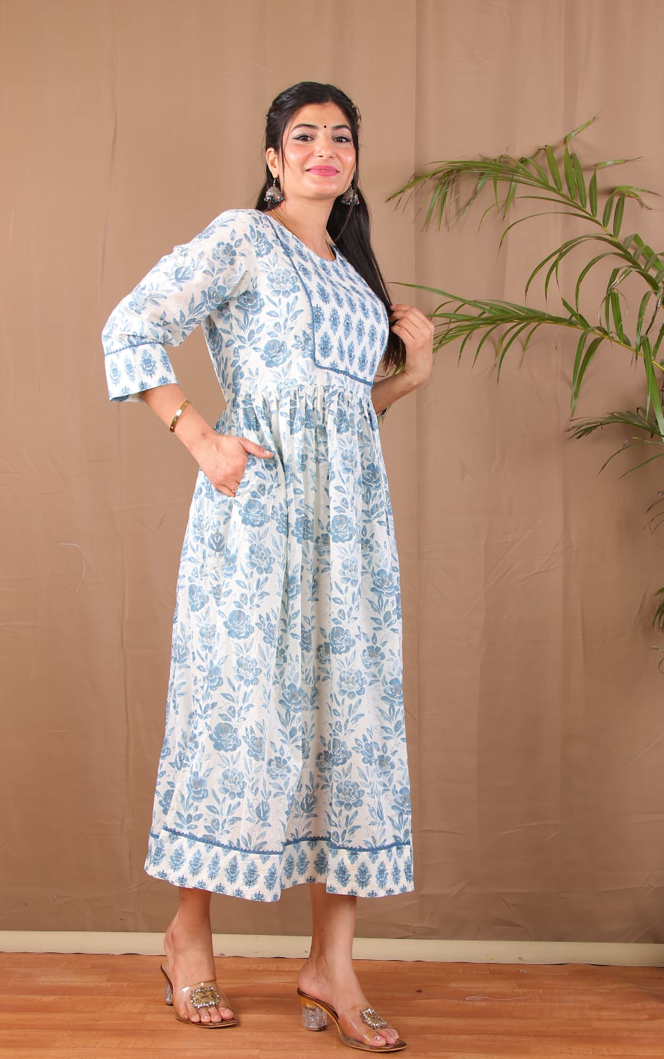 Blue Grey Floral Anarkali Kurta