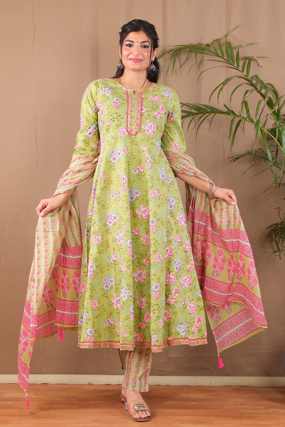 Green Floral Anarkali Kurta Pant with Dupatta