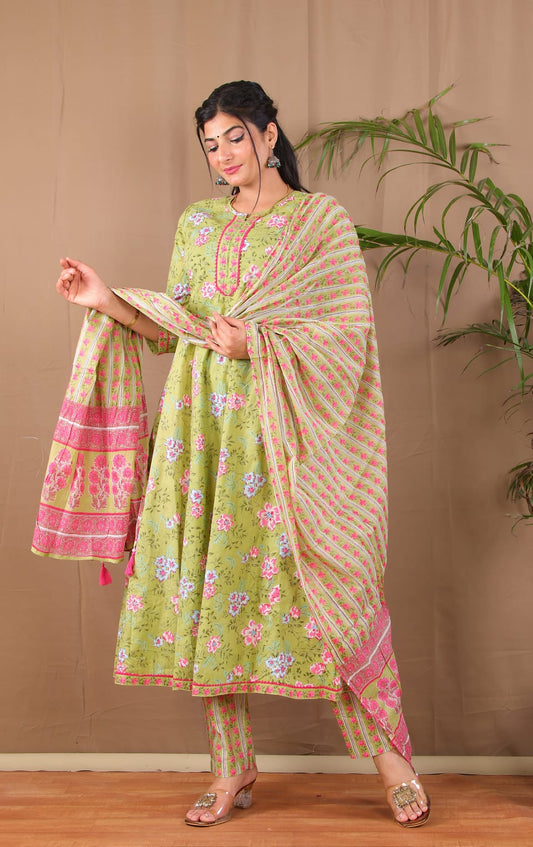 Green Floral Anarkali Kurta Pant with Dupatta