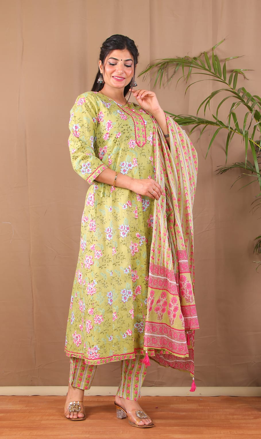 Green Floral Anarkali Kurta Pant with Dupatta