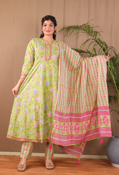 Green Floral Anarkali Kurta Pant with Dupatta