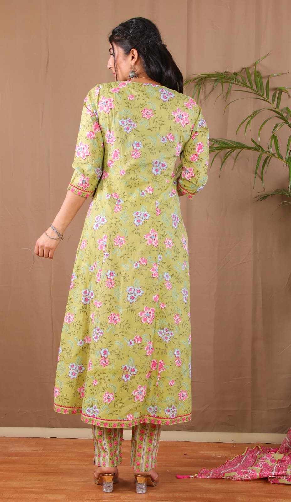 Green Floral Anarkali Kurta Pant with Dupatta