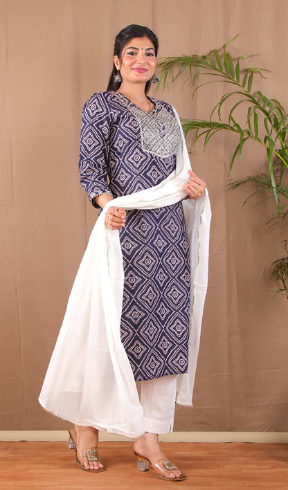 Bhandej Navy Blue Embroidery Kurta Pant Dupatta