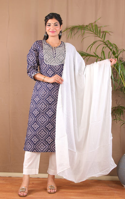 Bhandej Navy Blue Embroidery Kurta Pant Dupatta