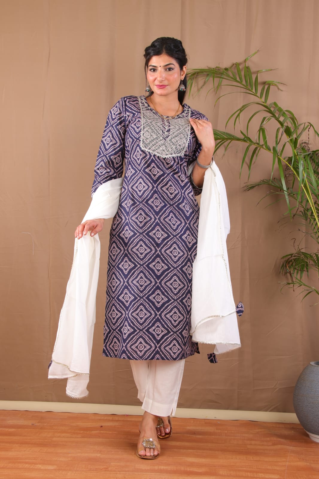 Bhandej Navy Blue Embroidery Kurta Pant Dupatta