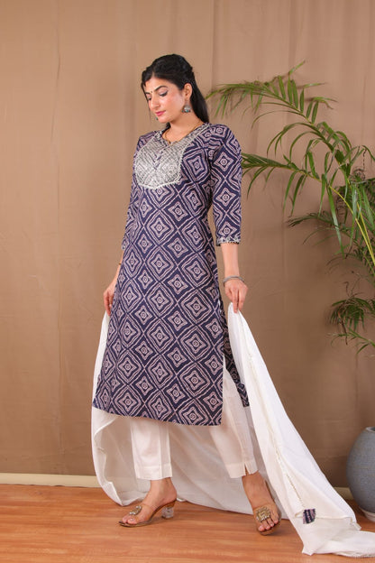 Bhandej Navy Blue Embroidery Kurta Pant Dupatta