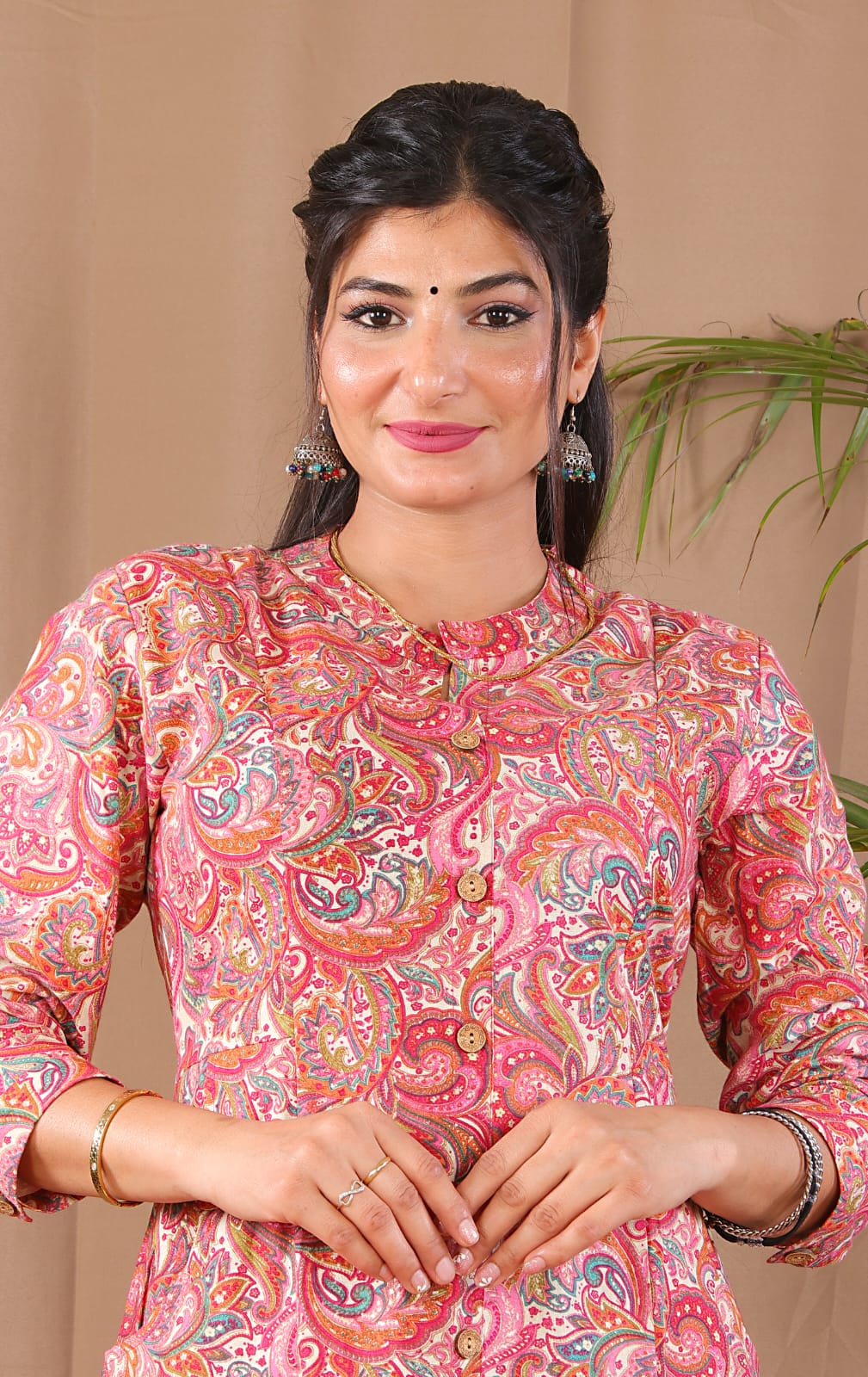 Pink A-line Kurta with 2 pockets