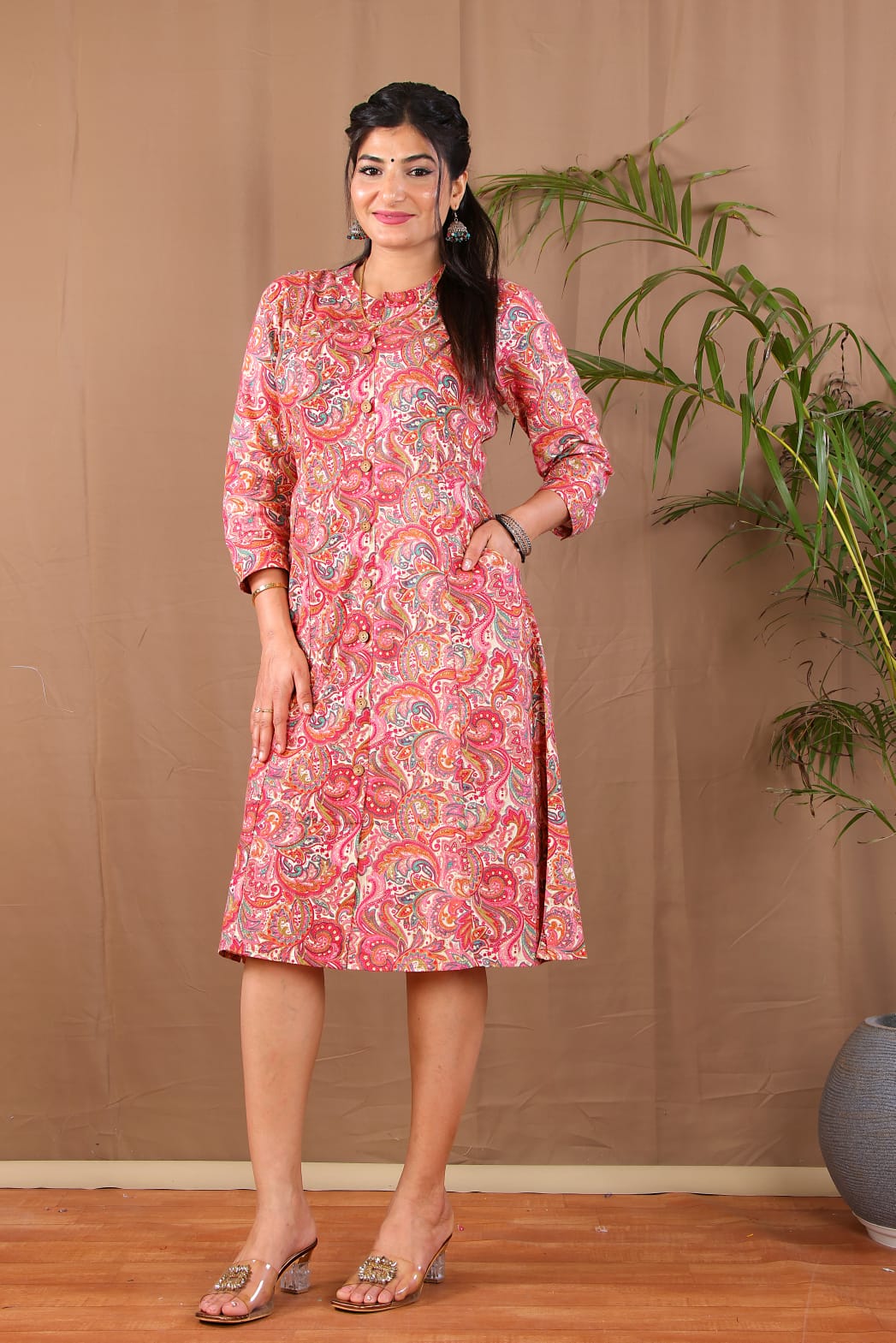 Pink A-line Kurta with 2 pockets