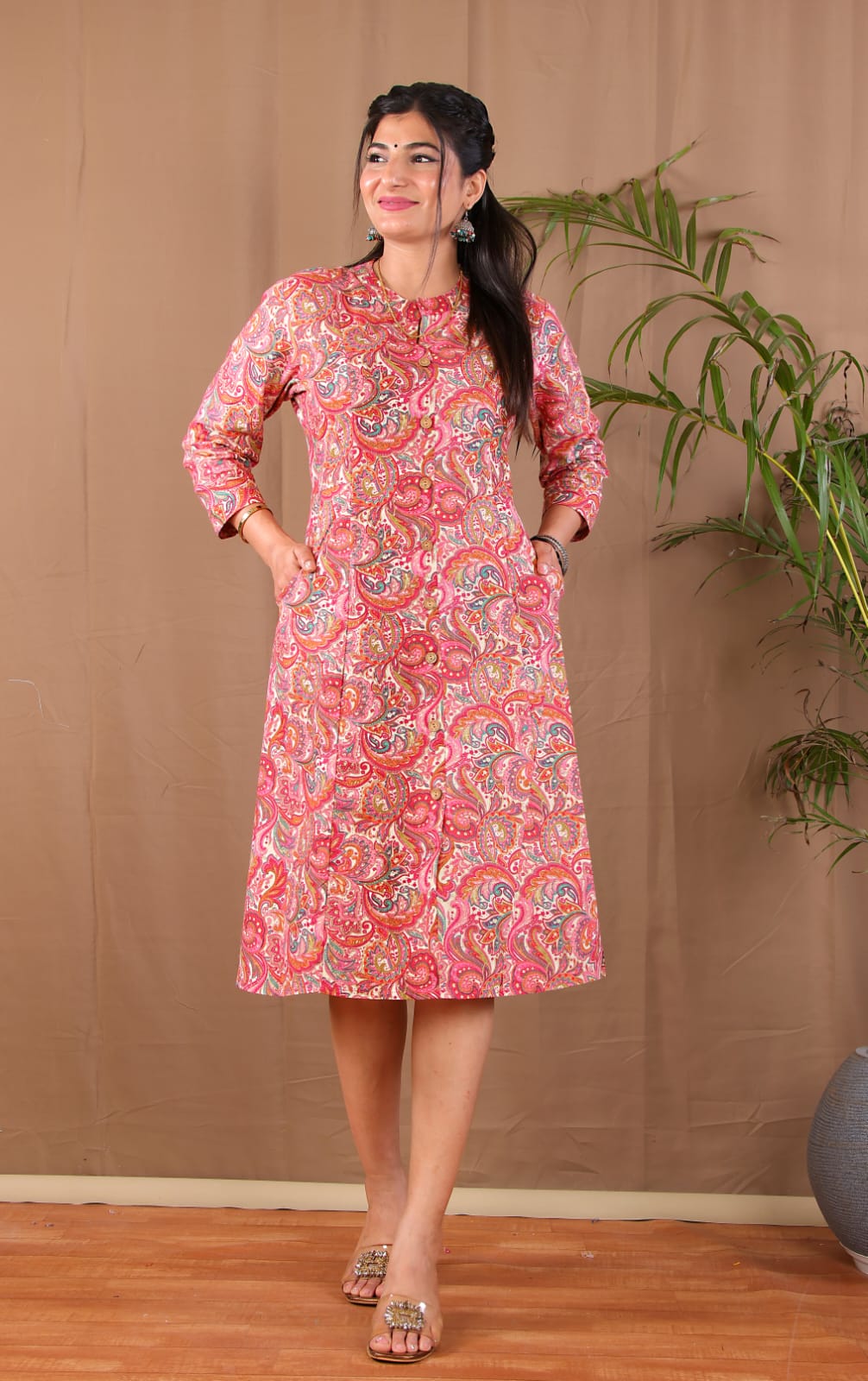 Pink A-line Kurta with 2 pockets