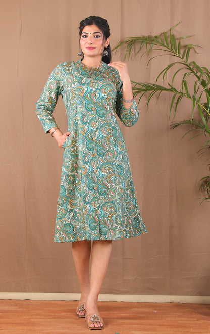 Sea Green A-line Kurta with 2 pockets