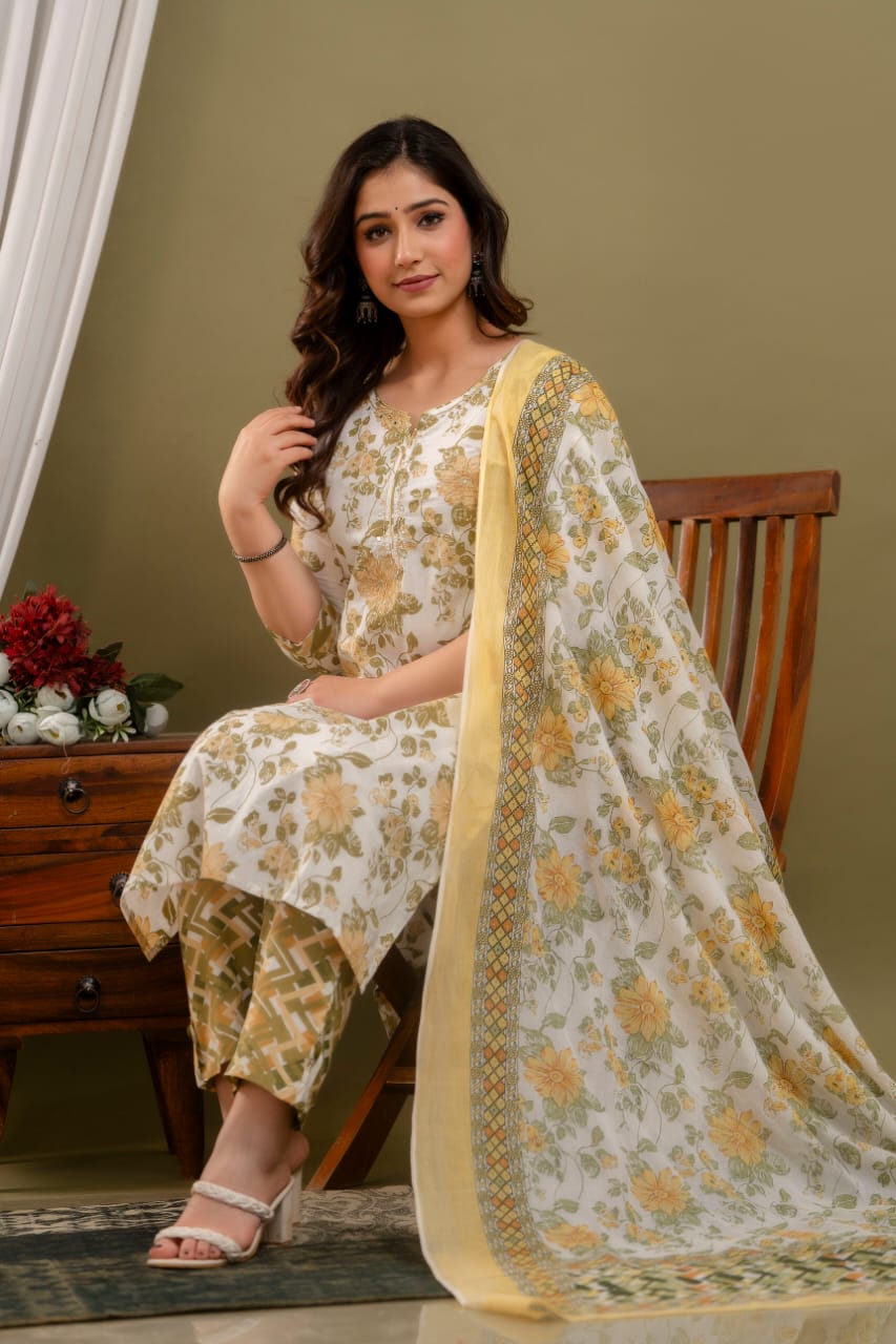 Yellow Olive Printed Straight Kurta Pant and Dupatta