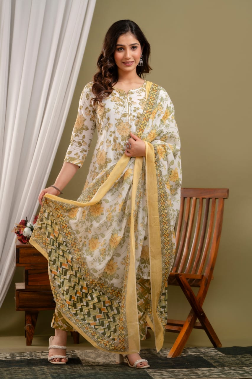 Yellow Olive Printed Straight Kurta Pant and Dupatta