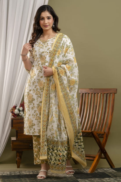 Yellow Olive Printed Straight Kurta Pant and Dupatta