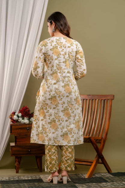 Yellow Olive Printed Straight Kurta Pant and Dupatta