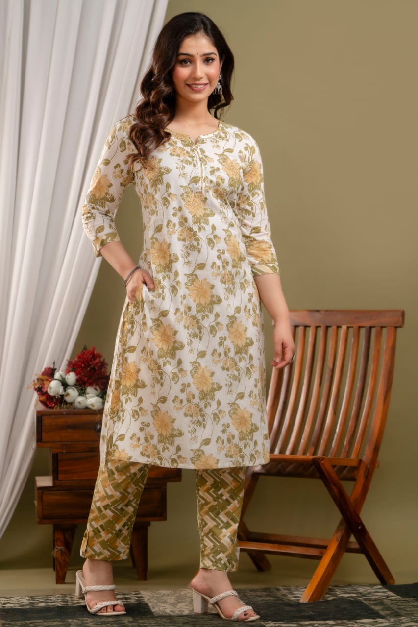 Yellow Olive Printed Straight Kurta Pant and Dupatta