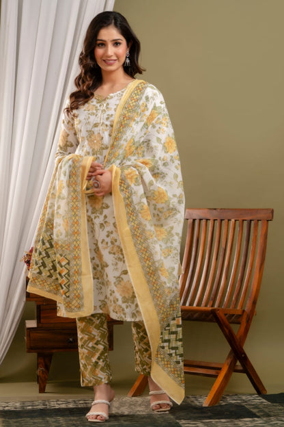 Yellow Olive Printed Straight Kurta Pant and Dupatta