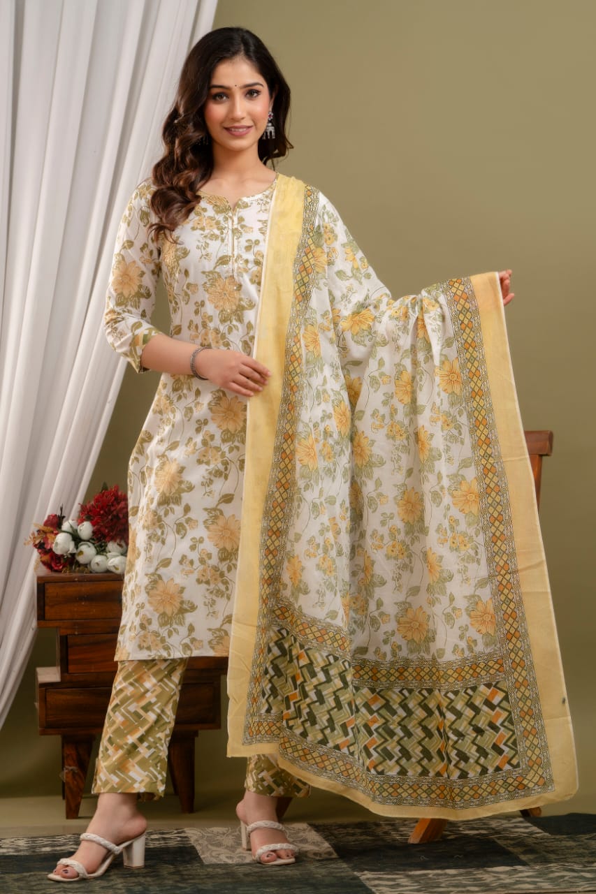 Yellow Olive Printed Straight Kurta Pant and Dupatta