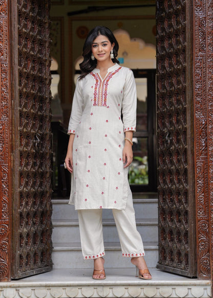 White and Pink Cotton Flex Embroidered Straight Kurti with Pant and Khadi silk Chanderi Digital Print Dupatta