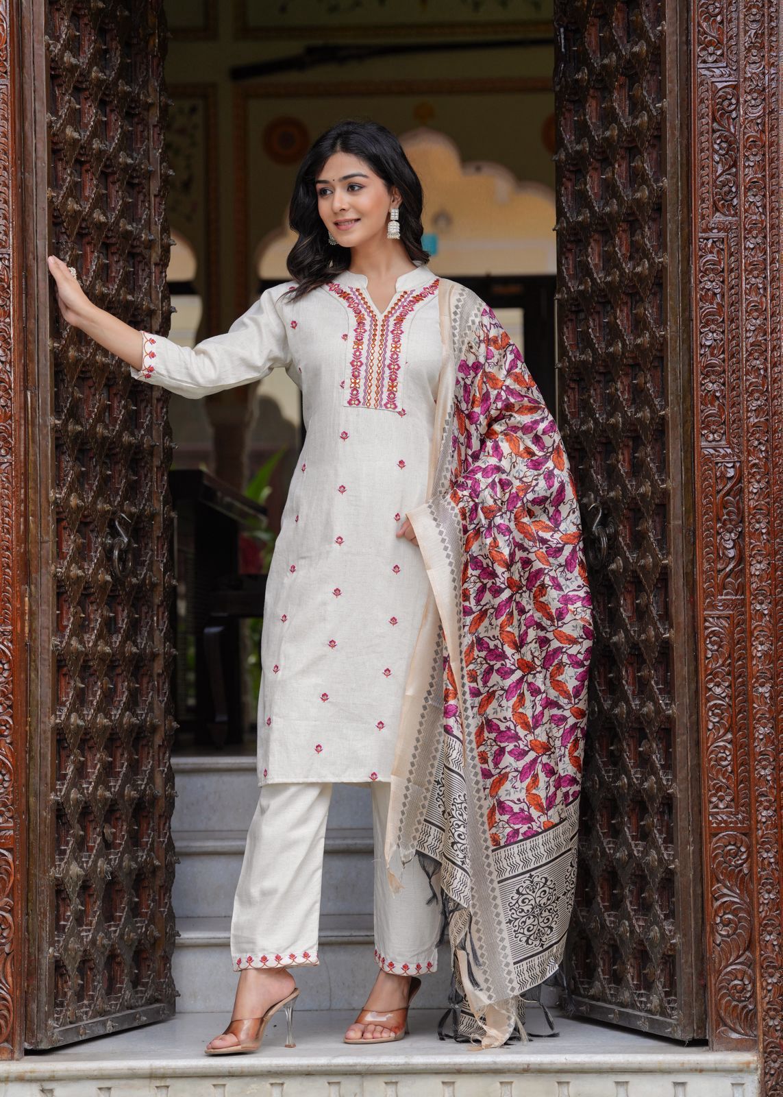 White and Pink Cotton Flex Embroidered Straight Kurti with Pant and Khadi silk Chanderi Digital Print Dupatta