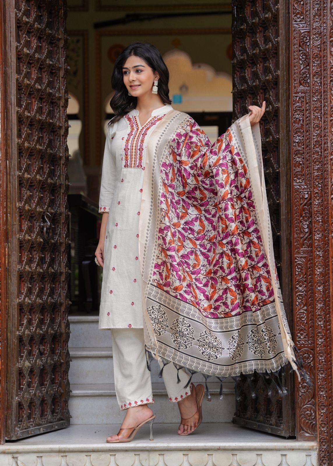 White and Pink Cotton Flex Embroidered Straight Kurti with Pant and Khadi silk Chanderi Digital Print Dupatta