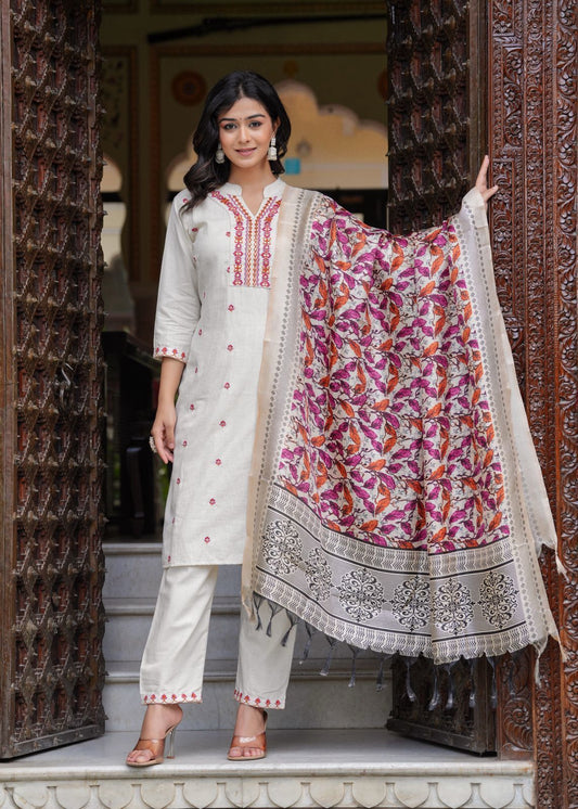 White and Pink Cotton Flex Embroidered Straight Kurti with Pant and Khadi silk Chanderi Digital Print Dupatta