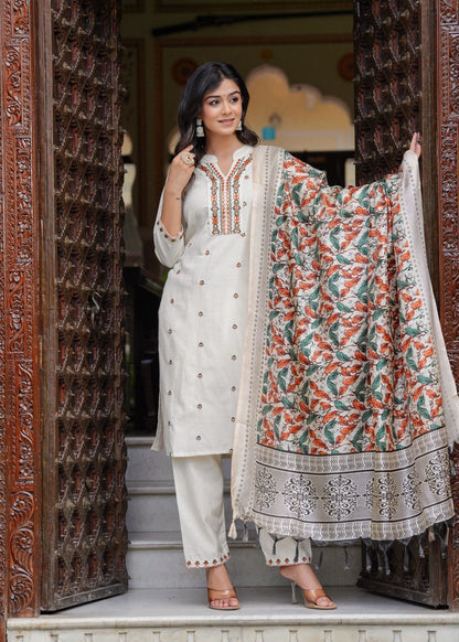 White and Green Cotton Flex Embroidered Straight Kurti with Pant and Khadi silk Chanderi Digital Print Dupatta