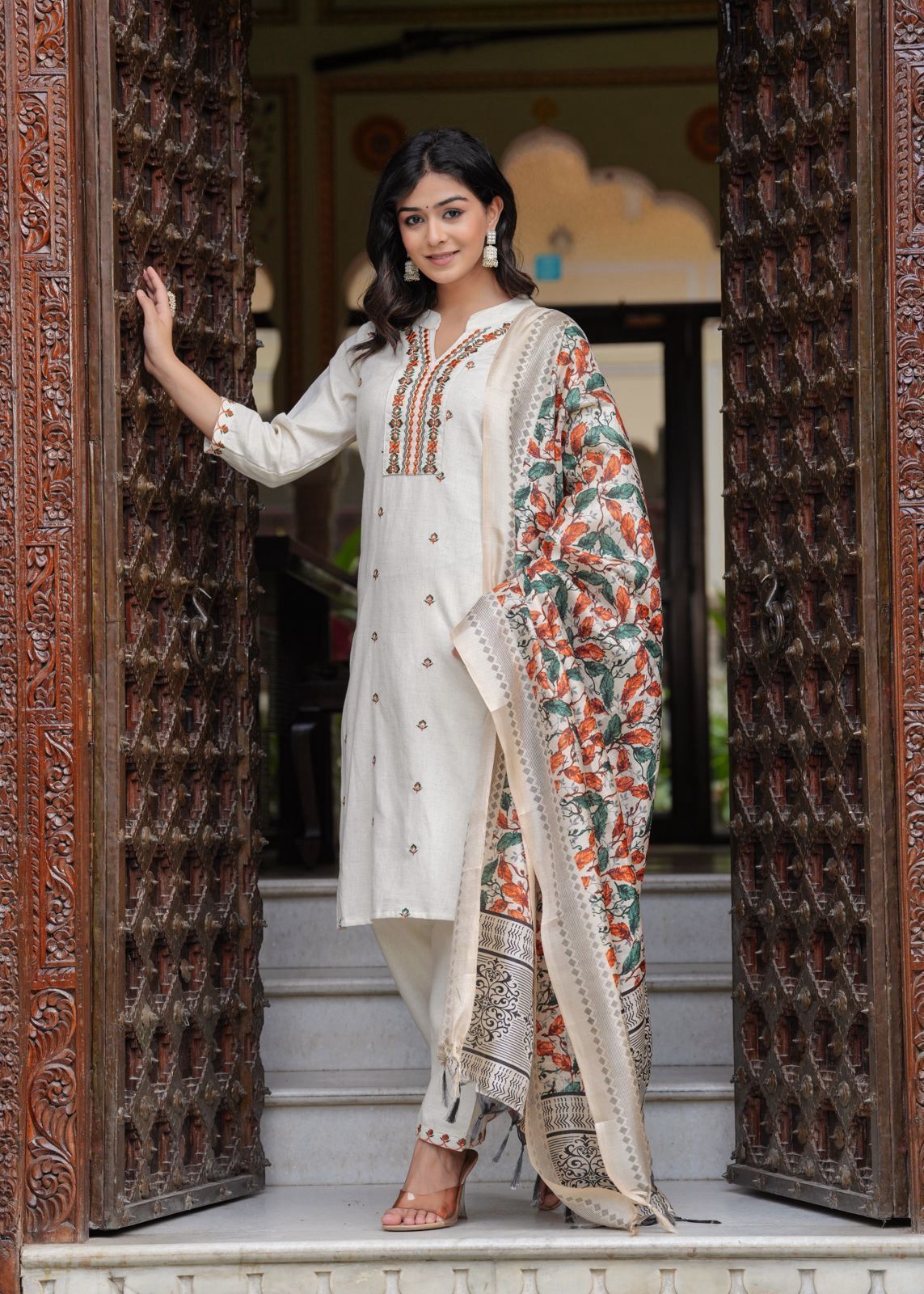 White and Green Cotton Flex Embroidered Straight Kurti with Pant and Khadi silk Chanderi Digital Print Dupatta