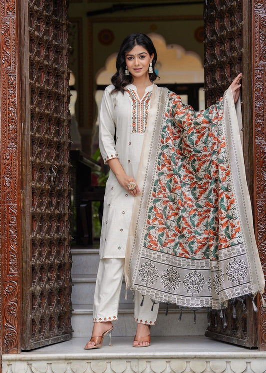 White and Green Cotton Flex Embroidered Straight Kurti with Pant and Khadi silk Chanderi Digital Print Dupatta