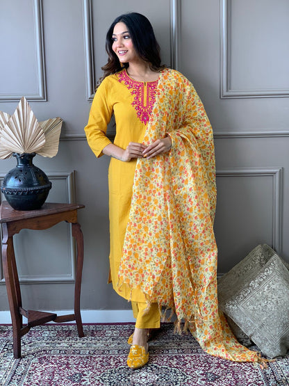 Yellow Cotton Katha Handwoven Kurta with embroidary work paired with floral Kota Silk Dupatta and Cotton Pants