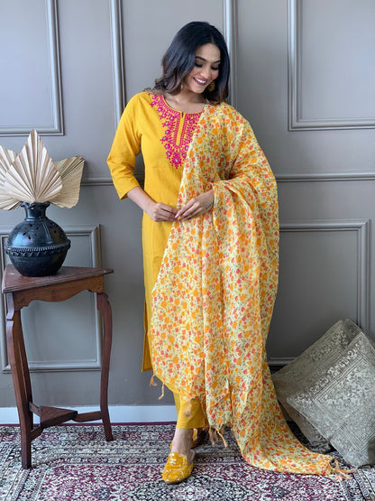 Yellow Cotton Katha Handwoven Kurta with embroidary work paired with floral Kota Silk Dupatta and Cotton Pants