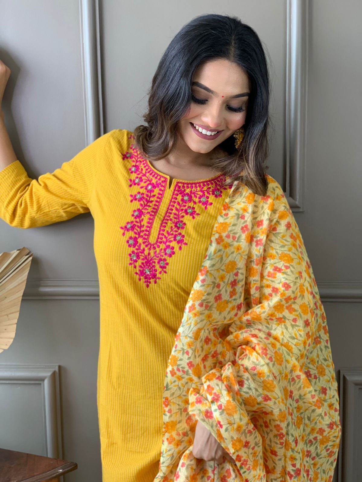 Yellow Cotton Katha Handwoven Kurta with embroidary work paired with floral Kota Silk Dupatta and Cotton Pants