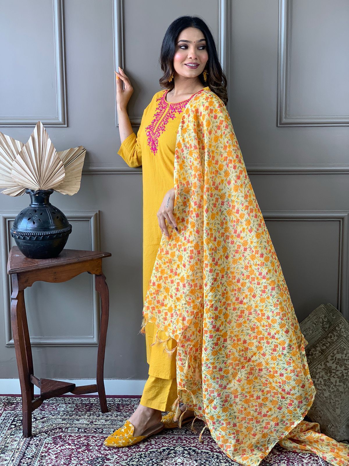 Yellow Cotton Katha Handwoven Kurta with embroidary work paired with floral Kota Silk Dupatta and Cotton Pants