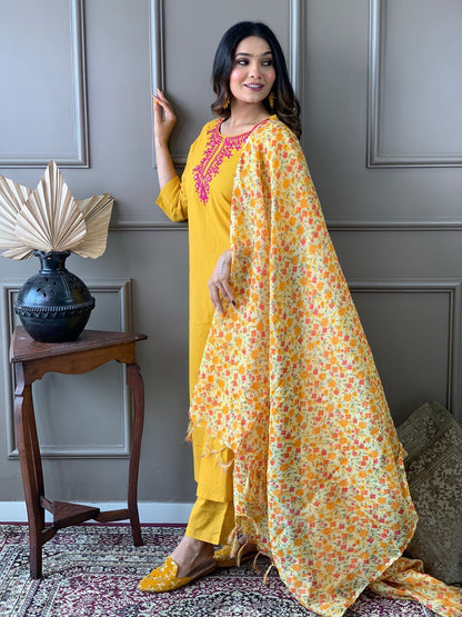 Yellow Cotton Katha Handwoven Kurta with embroidary work paired with floral Kota Silk Dupatta and Cotton Pants