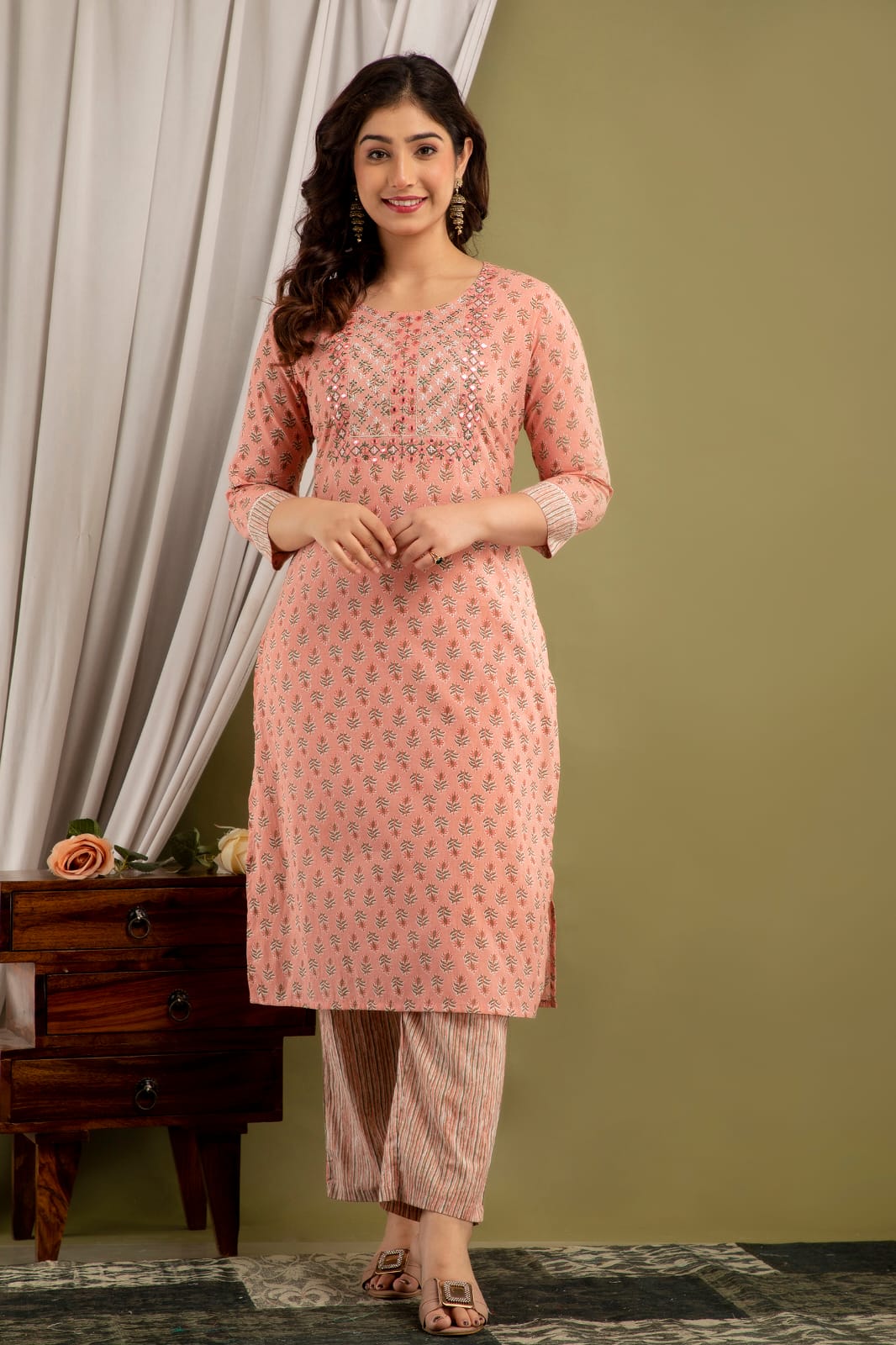 Peach Cotton Embroidered Printed Straight Kurta with Pant and Dupatta