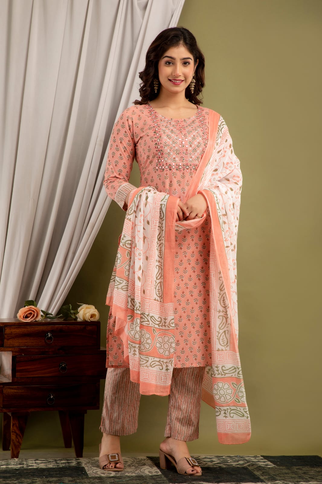 Peach Cotton Embroidered Printed Straight Kurta with Pant and Dupatta