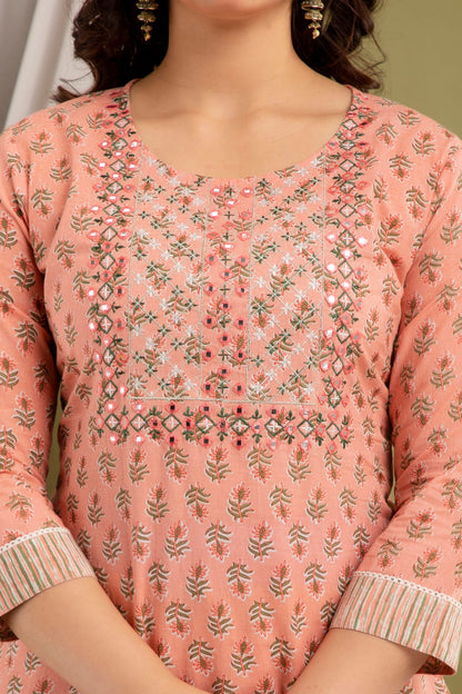 Peach Cotton Embroidered Printed Straight Kurta with Pant and Dupatta