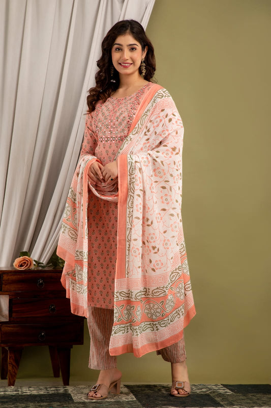 Peach Cotton Embroidered Printed Straight Kurta with Pant and Dupatta