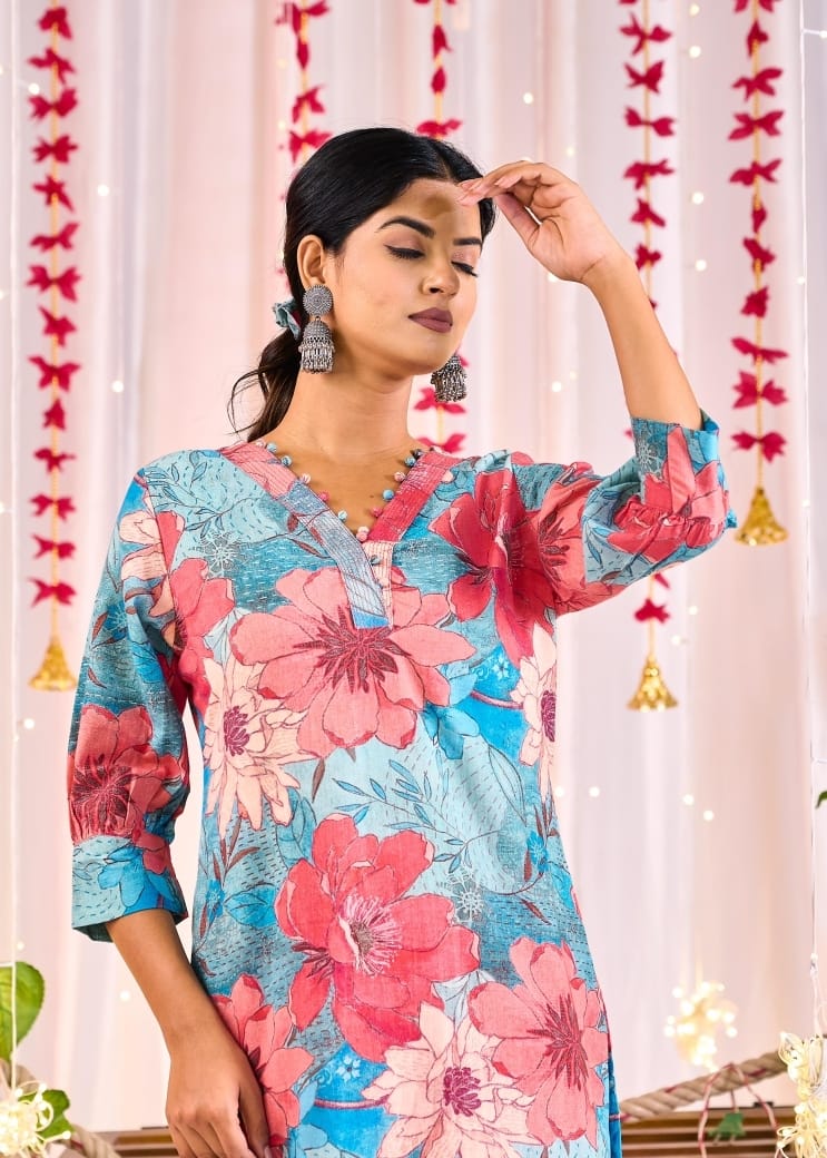 Pink Blue Floral Straight Kurta