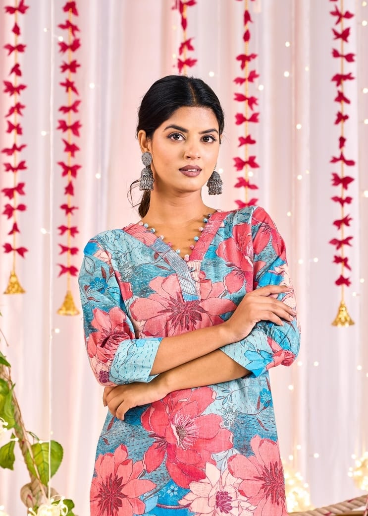 Pink Blue Floral Straight Kurta