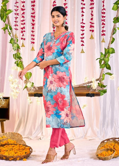 Pink Blue Floral Straight Kurta