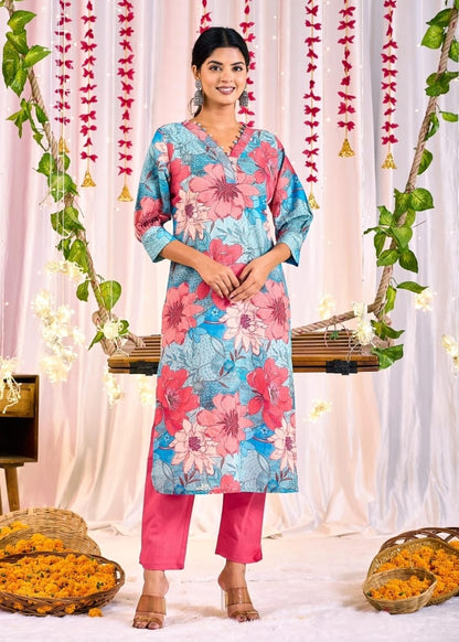 Pink Blue Floral Straight Kurta