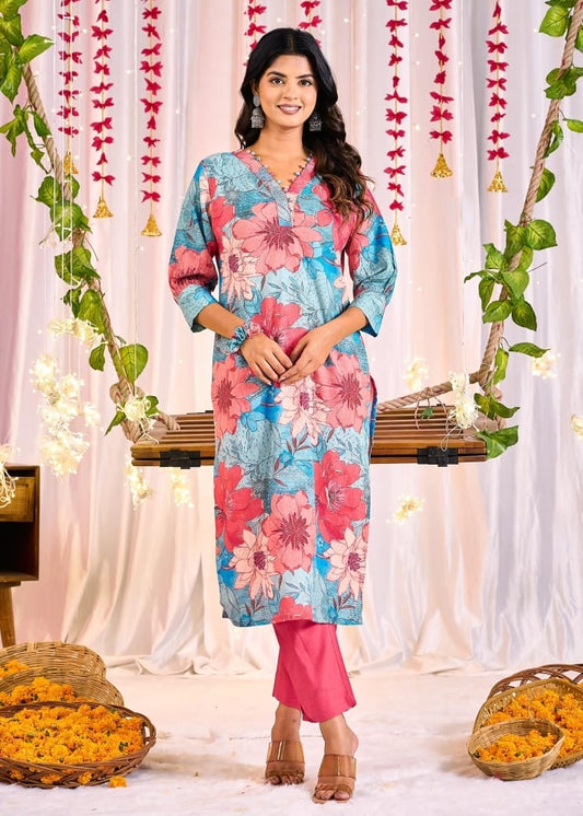 Pink Blue Floral Straight Kurta