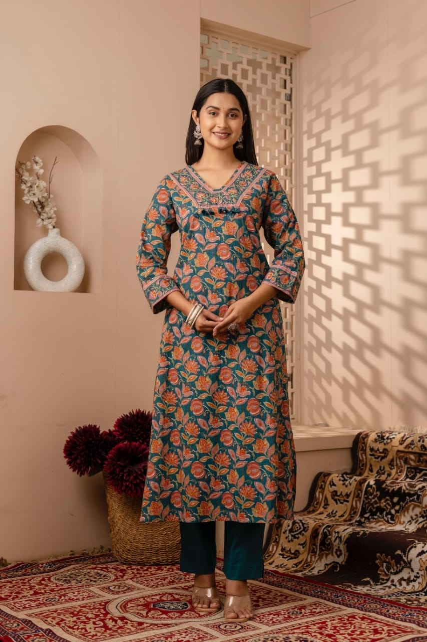 Rama Green Cotton Floral Straight Kurta Pant with Printed Dupatta