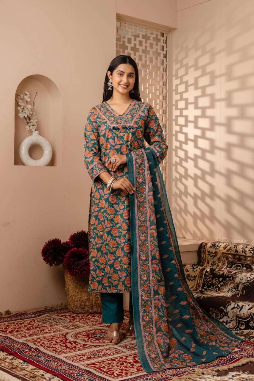 Rama Green Cotton Floral Straight Kurta Pant with Printed Dupatta