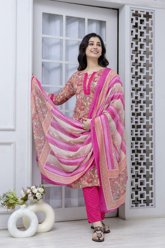 Pink Straight Kurta Pant with Printed Dupatta